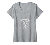 Mai Meglio Scheletro Appeso lì Umorismo Goth Maglietta con Collo a V, Donna, Grigio Melange, S
