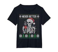 Mai Meglio Scheletro Bere caffè Brutto Maglione di Natale Maglietta, Donna Plus-Size, Nero, 1X