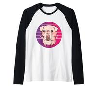 Maiale Carino Che beve Il tè Boba in Stile retrò Maglia con Maniche Raglan
