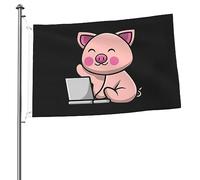 Maialino Carino Che Gioca Con Il Computer Portatile Bandiere Di Benvenuto Con 2 Occhielli Bandiera Da Cortile Durevole Bandiere Da Giardino Decorazione Per All'Aperto Esterni Interni 90X152Cm