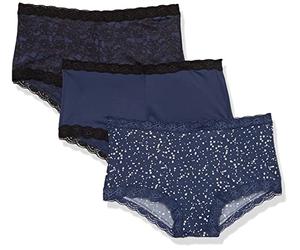 Maidenform Underwear, Microfiber with Lace Boyshort Panties, One Fab Fit, 3-Pack Mutande a Pantaloncino, Blu Navy, Nero/Blu Navy, Pizzo Nero/Stella Lucida, S (Pacco da 3) Donna