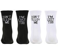 Maijia 4 paia di calzini con lettere divertenti, Don't Follow Me I'm Lost Too, novità divertenti lettere stampate, calzini casual unisex in cotone per donne, uomini, ragazze e ragazzi, Nero , Taglia