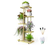 MAIJIAJU Supporto per fiori a 5 ripiani, con attrezzi da giardino e guanti, altezza 95 cm, in metallo, per interni ed esterni, a più piani, per giardino, balcone, decorazione oro