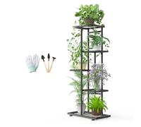 MAIJIAJU Supporto per fiori a 5 ripiani in metallo nero con attrezzi da giardino e guanti, scaffale angolare per fiori da 95 cm, supporto per piante a più ripiani per interni ed esterni, per balcone