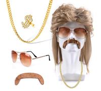 Mailfull Parrucca Uomo Anni 80 Set di Costumi Hippie Parrucca Bionda Occhiali da Sole Collana Barba Finta per Cosplay Halloween Carnevale Costume Tema Party