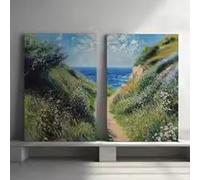 MAIMANG Quadro su tela con dipinto ad olio Serene Beach Path, stile Monet, impressionismo pastello, natura costiera, paesaggio ad acquerello (70x100cmx2/cornice)