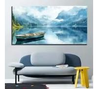 MAIMANG Quadro su tela - Paesaggio sereno con lago, montagne e cielo, con barca, decorazione moderna ispirata alla natura (80x150 cm/senza cornice)