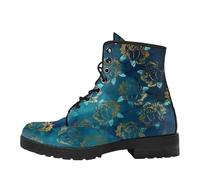 Maimeili Stivali corti stampati da donna Lace-up tacco grosso Combattere Stivali alla caviglia per ragazze Donne Autunno e inverno Scarpe Rose Skull Cartoon Pattern
