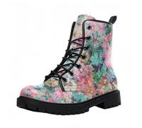Maimeili Stivali corti stampati da donna Lace-up tacco grosso Combattere Stivali alla caviglia per ragazze Donne Autunno e inverno Scarpe Rose Skull Cartoon Pattern