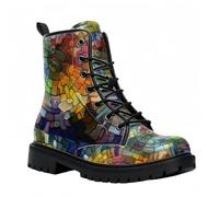 Maimeili Stivali corti stampati da donna Lace-up tacco grosso Combattere Stivali alla caviglia per ragazze Donne Autunno e inverno Scarpe Rose Skull Cartoon Pattern