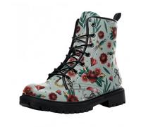 Maimeili Stivali corti stampati da donna Lace-up tacco grosso Combattere Stivali alla caviglia per ragazze Donne Autunno e inverno Scarpe Rose Skull Cartoon Pattern