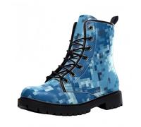 Maimeili Stivali corti stampati da donna Lace-up tacco grosso Combattere Stivali alla caviglia per ragazze Donne Autunno e inverno Scarpe Rose Skull Cartoon Pattern