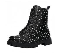 Maimeili Stivali corti stampati da donna Lace-up tacco grosso Combattere Stivali alla caviglia per ragazze Donne Autunno e inverno Scarpe Rose Skull Cartoon Pattern