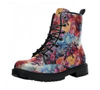 Maimeili Stivali corti stampati da donna Lace-up tacco grosso Combattere Stivali alla caviglia per ragazze Donne Autunno e inverno Scarpe Rose Skull Cartoon Pattern