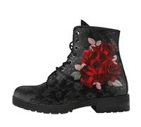 Maimeili Stivali corti stampati da donna Lace-up tacco grosso Combattere Stivali alla caviglia per ragazze Donne Autunno e inverno Scarpe Rose Skull Cartoon Pattern