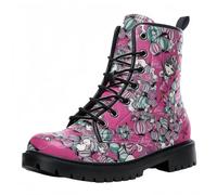 Maimeili Stivali corti stampati da donna Lace-up tacco grosso combattere stivali caviglia per ragazze donne autunno e inverno scarpe rosa cranio farfalla fiori disegno animato