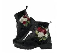 Maimeili Stivali corti stampati da donna Lace-up tacco grosso combattere stivali caviglia per ragazze donne autunno e inverno scarpe rosa cranio farfalla fiori disegno animato