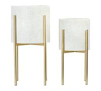 Main + Mesa Modern Boho Embossed Metal Planters with Stands, White and Gold, Set of 2 Sizes