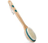 MainBasics Spazzola per doccia con manico lungo a doppio lato, per bagnoschiuma e strofinare, con setole esfolianti e morbide (color foglia di tè, legno)