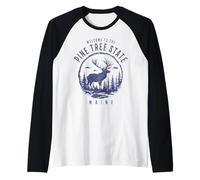 Maine Alce Cervo Pino Stato Souvenir Orgoglio Amante della Natura Maglia con Maniche Raglan