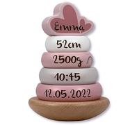Mainely Personalizzabile Torre di impilamento in Legno Rosa - Motricità fine e coordinazione - per Bambini dai 12 Mesi - Personalizzata con Nome e Dati di Nascita - Label Label