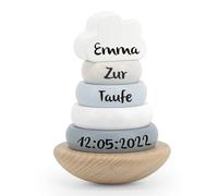 Mainely Torre impilabile in legno rosa, regalo per battesimi, capacità motorie e coordinazione, per bambini dai 12 mesi in su, con nome e dati di nascita, etichetta