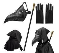 MAINOSHY 1. Maschera da dottore della peste, maschera punk in pelle con becco lungo dal naso con mantello con cappuccio, guanti neri e scettro da re per adulti, uomini, donne e adolescenti, Halloween,