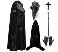 MAINOSHY Maschera da dottore per Halloween, con mantello nero con cappuccio, guanti neri, scettro, becco di promossi, maschera in rame per Halloween, cosplay, costume da medico della peste