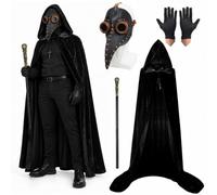 MAINOSHY Set di 4 accessori per Halloween, maschera da dottore della peste, maschera con becco lungo dal naso con mantello nero con cappuccio, guanti neri, scettro re per Halloween e cosplay