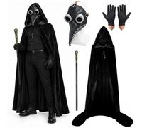 MAINOSHY Set di 4 accessori per Halloween, maschera da dottore della peste, maschera con becco lungo dal naso con mantello nero con cappuccio, guanti neri, scettro re per Halloween e cosplay