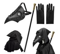MAINOSHY Set di 4 accessori per Halloween, maschera da dottore della peste, maschera con becco lungo dal naso con mantello nero con cappuccio, guanti neri, scettro re per Halloween e cosplay