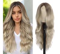 Mairead Parrucca sintetica da 66 cm, biondo ombré, con pizzo frontale, con riga centrale, lunga, ondulata, riccia, dall'aspetto naturale, resistente al calore, in fibra sintetica per uso quotidiano e