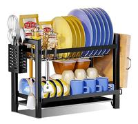 MAISITOO Scolapiatti Nero 2 Ripiani in Acciaio Inox - Da Lavello e Da Appoggio Con Vassoi di Scarico, Scaffale per Tagliere e Portaposate