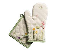 Maison d' Hermine Botanical Fresh - Set di guanti da forno (19 x 33 cm) e presine (20 x 20 cm), 100% cotone, per barbecue, cottura, forno, microonde, grigliate, primavera/estate, Pasqua