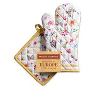 Maison d 'Hermine Happy Florals - Sweety Set di guanti da forno 100% cotone (19cm x 33cm) e presina (20cm x 20cm) per barbecue, cucina, microonde, primavera/estate, Festa della mamma