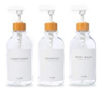 MaisoNovo Bottiglie per shampoo e balsamo Set di 3 - dispenser sapone doccia - 500ml Dispenser shampoo e bagnoschiuma - bottiglie di plastica chiara e Pompe bambù