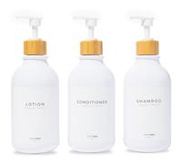 MaisoNovo Bottiglie per shampoo e balsamo Set di 3 - dispenser sapone doccia - 500ml Dispenser shampoo e bagnoschiuma - bottiglie di plastica bianca e Pompe bambù