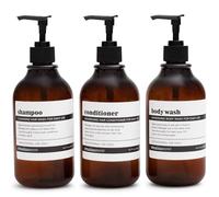 MaisoNovo Bottiglie per shampoo e balsamo Set di 3 - dispenser sapone doccia - 500ml Dispenser shampoo e bagnoschiuma - bottiglie di plastica ambra e Pompe nere