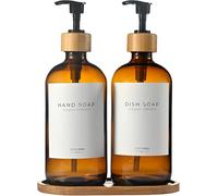 MaisoNovo Dispenser di sapone da bagno Set da 2 pezzi - Dispenser di sapone per le mani da 500 ml - Bottiglie di bambù ambra - Pompa in acciaio inossidabile con vassoio di bambù