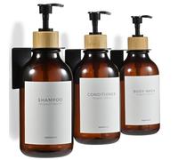 MaisoNovo Dispenser Per Shampoo E Balsamo, Dispenser Per Sapone Da Doccia Con Montaggio A Parete, Set Di 3 Flaconi In Plastica Color Ambra Da 500 ml Con Pompa In Bambù Nero, 3 Scomparti Senza Foratura