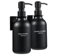 MaisoNovo Dispenser Per Shampoo E Balsamo - Dispenser Per Sapone Da Doccia Con Montaggio A Parete - Set Da 2 Flaconi In Plastica Nera Da 500 ml Con Pompe Nere - 2 Scomparti Senza Foratura