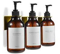 MaisoNovo Dispenser Per Shampoo E Balsamo - Dispenser Per Sapone Da Doccia Con Montaggio A Parete - Set Di 3 Flaconi In Plastica Color Ambra Oro Da 500 ml Con Pompa Nera - 3 Scomparti, Senza Foratura