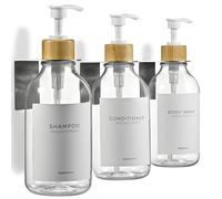 MaisoNovo Dispenser Per Shampoo E Balsamo - Dispenser Per Sapone Da Doccia Con Montaggio A Parete - Set Di 3 Flaconi In Plastica Trasparente Da 500 ml Con Pompa In Bambù Bianco - Non Richiede Foratura