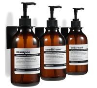 MaisoNovo Dispenser Per Shampoo E Balsamo - Dispenser Per Sapone Da Doccia Con Montaggio A Parete - Set Di 3 Flaconi In Plastica Color Ambra Da 500 ml Con Pompa Nera - 3 Scomparti, Senza Foratura