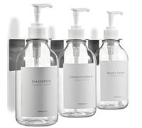 MaisoNovo Dispenser Per Shampoo E Balsamo - Dispenser Per Sapone Da Doccia Con Montaggio A Parete - Set Da 500 ml Con 3 Flacone In Plastica Trasparente E Pompa Bianca - 3 Scomparto Senza Foratura