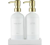 MaisoNovo Dispenser sapone bagno Set da 2 pezzi - Dispenser sapone mani 500ml - bottiglie bianche con pompe in acciaio inox oro - Con vassoio in cemento