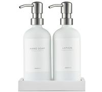MaisoNovo Dispenser sapone bagno Set da 2 pezzi - Dispenser sapone mani 500ml - bottiglie bianche con pompe in acciaio inox argento - Con vassoio in cemento