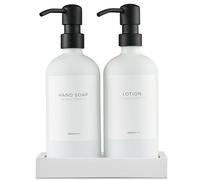 MaisoNovo Dispenser sapone bagno Set da 2 pezzi - Dispenser sapone mani 500ml - bottiglie bianche con pompe in acciaio inox nera - Con vassoio in cemento