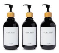 MaisoNovo Flaconi ricaricabili per shampoo e balsamo | Set di 3 flaconi in plastica nera da 500 ml con pompe in bambù nero