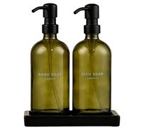 Maisonovo Set dispenser per sapone da cucina Set dispenser per sapone per mani e piatti con vassoio da bagno in ceramica fatto a mano e 16 etichette impermeabili |Bottiglie in vetro verde e pompe nere